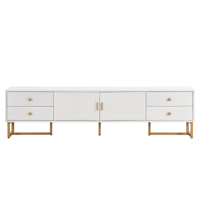 Modern TV Cabinet with Textured Doors, 4 Drawers & 2 Cabinets, Solid TV Stand with Metal Handles and Legs, 69'' L x 12'' W x 17.5'' H, White
