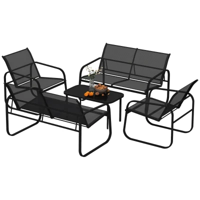Outsunny 4 Piece Patio Furniture Set, Outdoor Conversation Set with 2 Loveseats, 2 Armchairs, Glass-Top Table, Black