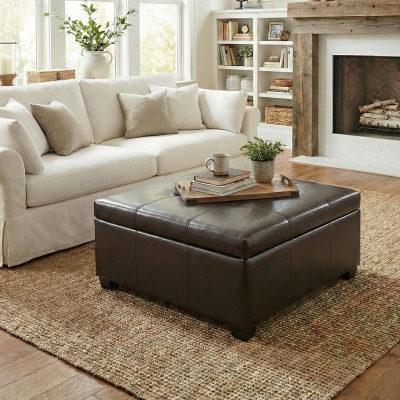 Large Ottoman with Upholstered PU Leather and High‑Density Foam, Modern Coffee Table with Storage, 34'' L x 34'' W x 18.5'' H, Chocolate