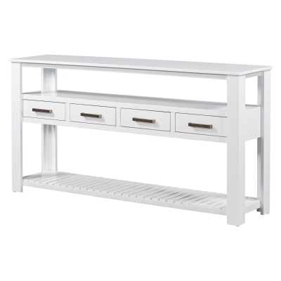 Large Entryway Console with 4 Drawers and 3-Tier Shelves, Sturdy Table with Metal Handlesand Adjustable Feet, 62'' L x 14'' W x 32'' H, White
