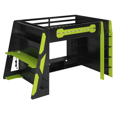 Full Size Wood Loft Bed with Under-Bed Console Storage, Esports-Style Bed Frame with Integrated Work Desk, 93.5'' L x 55.5'' W x 65'' H, Green
