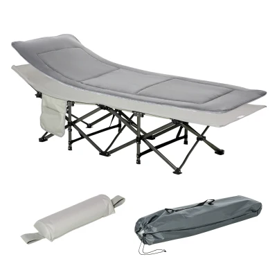 Outsunny Folding Camping Cot with Mat & Pillow, Double Layer Oxford Heavy Duty Sleeping Cot with Carry Bag Light Grey