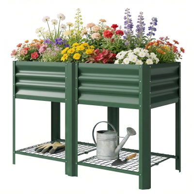 Outsunny Raised Garden Bed Steel Elevated Planter with Shelf, Green