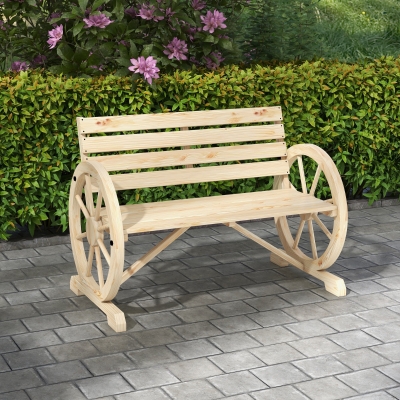 Outsunny 42" Wood Wagon Wheel Bench Garden Loveseat Rustic Seat, Natural Wood