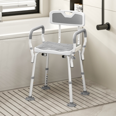 HOMCOM Adjustable Shower Chair with Arms Back and Padded Seat, Light Grey