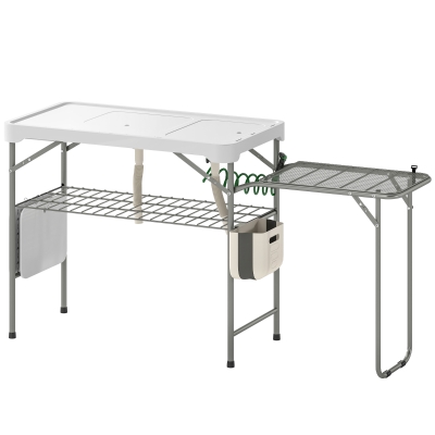 Outsunny Fish Cleaning Table Folding Sink Portable Camping Sink with Side Shelf & Bottom Rack for Outdoor White