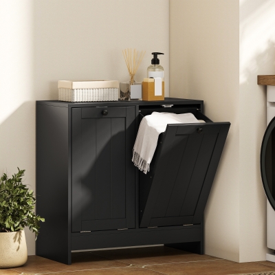 kleankin Tilt-Out Laundry Storage Cabinet, Modern Laundry Hamper with 2 Compartments for Bathroom Washroom, Black