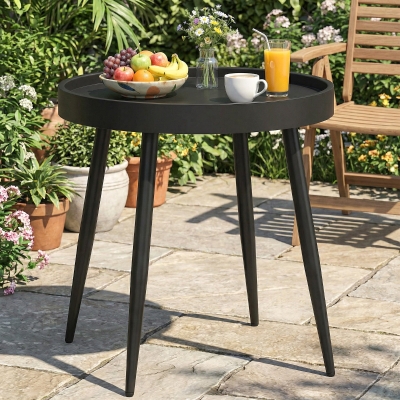 Outsunny 19.5" Round Patio Table, Small Outdoor Patio Coffee Side End Table with Plastic Tray-Style Top, Metal Legs, Black