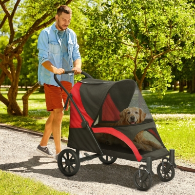 PawHut Foldable Pet Stroller for Large Dogs with Four Big Wheels, Shock-Absorbing Frame, Safety Leashes, Brakes, Black