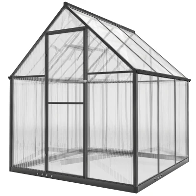 Outsunny Polycarbonate Greenhouse with Swing Door and Adjustable Window, Walk-in Greenhouse with Rain Gutter, 6 x 6.5ft, Black