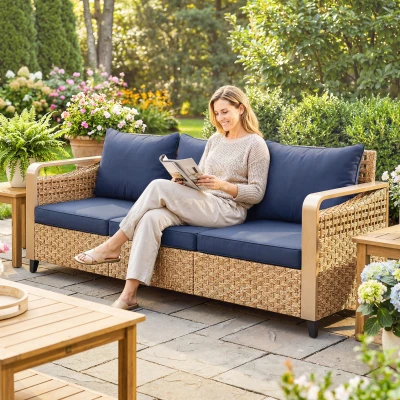Outsunny Rattan Wicker 3-Seater Patio Sofa with Cushions, Dark Blue