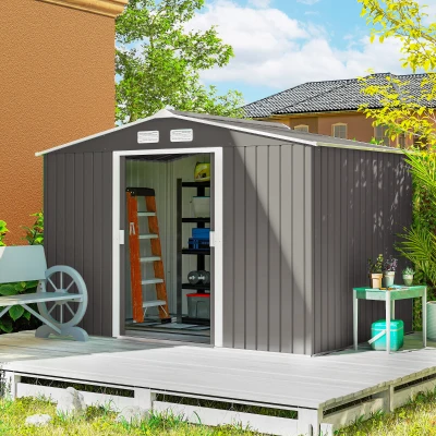 Outsunny 9' x 6' Metal Outdoor Storage Shed with Foundation, Gray