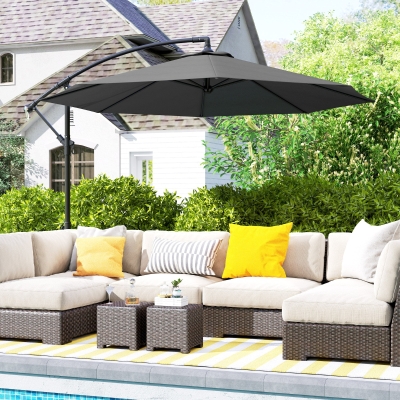 Outsunny 10' Deluxe Patio Umbrella, Outdoor Market Parasol, Banana Hanging Offset Sunshade with Crank, Cross Base, Grey