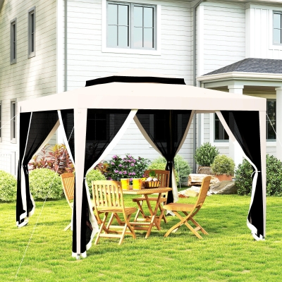 Outsunny 10' x 10' Outdoor Canopy Tent Party Tent with Mesh Netting and Double Tier Roof for Backyard, Garden, Patio, Cream White