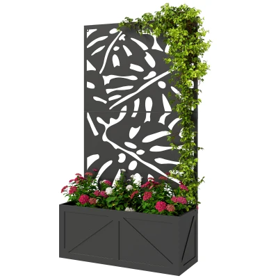 Outsunny Metal Raised Garden Bed with Trellis for Climbing Plants, Freestanding or Wall Mounted Flower Bed with Privacy Panel
