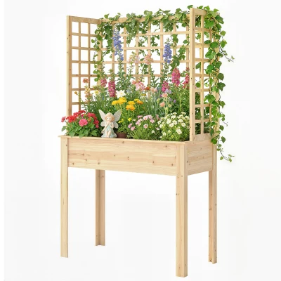 Outsunny Wooden Raised Garden Bed with 3 Trellises, Outdoor Raised Planter with Drainage Holes