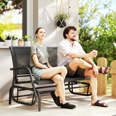 Outsunny Outdoor Glider Bench, 2 Seater Garden Patio Glider Chair with Sling Fabric Seat, Steel Frame, Black