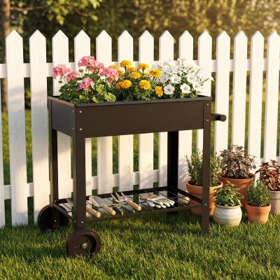 Outsunny Metal Raised Garden Bed, Elevated Planter Box with 2 Wheels, Handle and Shelf, 31.5" Tall Raised Planter