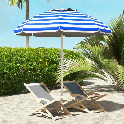 Outsunny 5.7' Beach Umbrella for Travel with Tilt, Adjustable Height, 2 Cup Holders, Hook, Vent, Ruffles, Blue and White