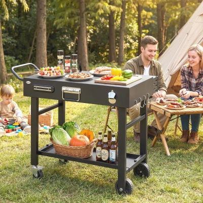 Outsunny Outdoor Grill Cart, Folding Grill Table with Magnetic Knife Holder, Hooks, Spice Rack, Paper Rack, Black