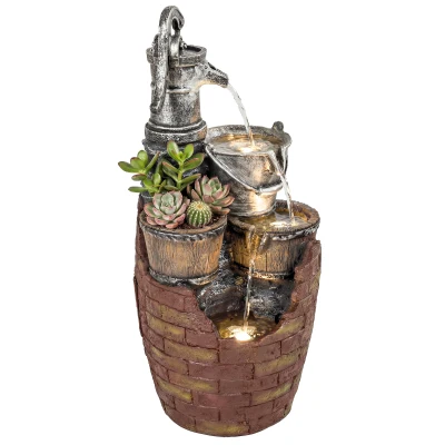 Outsunny 4-Tier Outdoor Fountain with Planter, Cascading Waterfall Feature with LED Lights, Rustic Brown and Grey