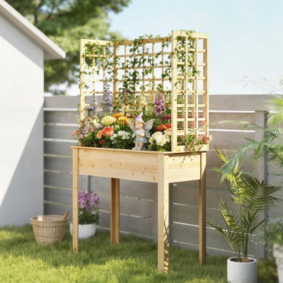 Outsunny Wooden Raised Garden Bed with 3 Trellises, Outdoor Raised Planter with Drainage Holes