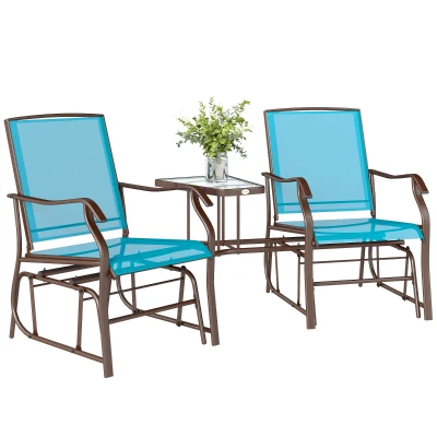 Outsunny Outdoor Glider Chair with Table, 2-Seat Patio Glider Loveseat with Breathable Mesh Fabric, Blue