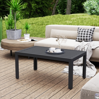 Outsunny Outdoor Coffee Table, Rectangular Patio Table with Steel Frame and Slat Tabletop for Garden, Balcony, Grey