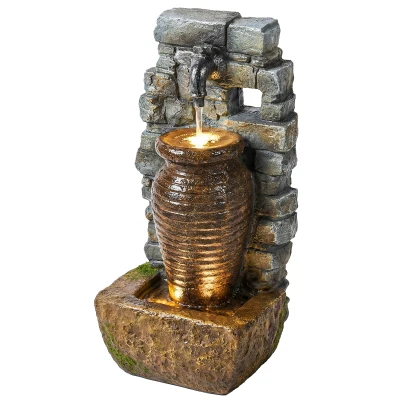 Outsunny Outdoor Water Fountain Adjustable Water Flow Garden Fountain with LED Lights Rustic Urn Design