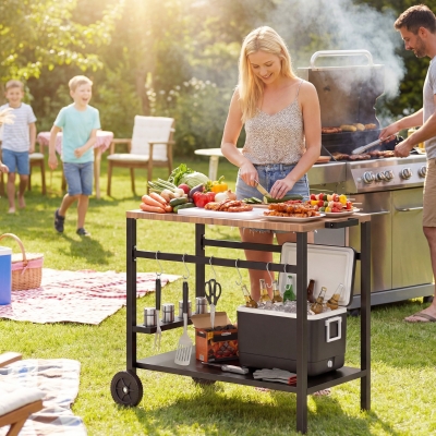 Outsunny Outdoor Grill Cart, 2-Tier Pizza Oven Stand, BBQ Stand with Beverage Holder, Hooks, Wheels, Black and Brown