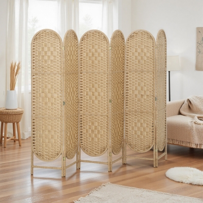 HOMCOM Bohemian Privacy Screen, Folding Room Divider with 6 Panels and Arched Top for Bedroom Living Room Office, Natural Wood