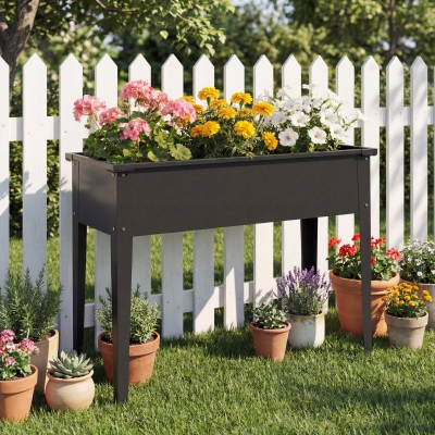 Outsunny Raised Planter with Reinforced Corners, Metal Raised Garden Bed on Legs with Drainage Hole, Black