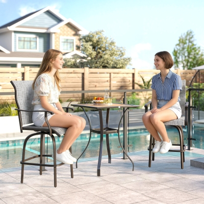 Outsunny Outdoor Bar Stools Set of 2, Swivel Bar Height Chairs with High Back, Curved Armrests and Steel Frame, Mixed Grey