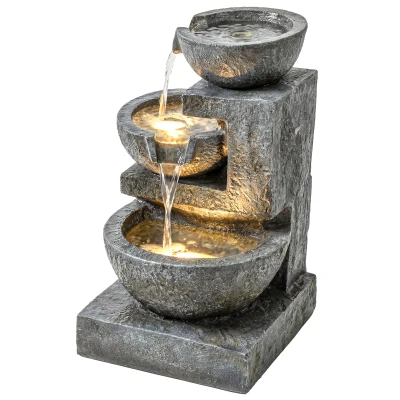 Outsunny 3-Tier Outdoor Water Fountain, Garden Waterfall Fountain with LED Lights and Pump, Indoor Freestanding Resin Waterfall