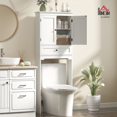 HOMCOM Over The Toilet Storage, Modern Bathroom Cabinet Over Toilet with Drawer, Cabinet and Adjustable Shelf, White