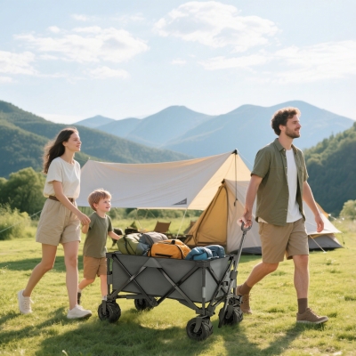 Outsunny Outdoor Pull Along Trailer Folding Camping Trailer for Beach Garden with Handle, Anti-Slip Wheel - Dark Grey