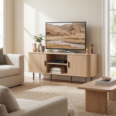 HOMCOM TV Stand Cabinet for TVs up to 65 Inches, TV Unit with Storage Shelves and Cabinets for Living Room, Oak Tone