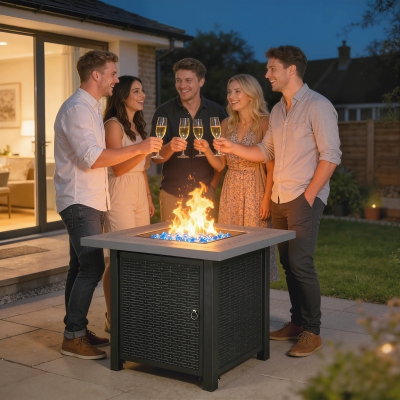 Outsunny Propane Fire Pit Table, 28" 40000 BTU Outdoor Gas Fire Table with Lava Rocks and Lid, Black