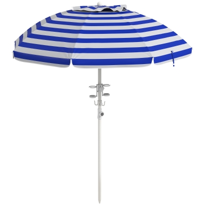 Outsunny 5.7' Beach Umbrella for Travel with Tilt, Adjustable Height, 2 Cup Holders, Hook, Vent, Ruffles, Blue and White
