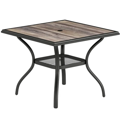 Outsunny Outdoor Dining Table for 4, Square Patio Table with Umbrella Hole, Shelf, Faux Wood Top for Garden, Backyard, Grey