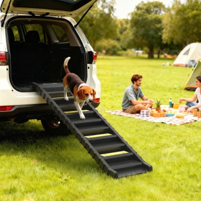 PawHut Foldable Dog Car Ramp, Dog Ramp with Anti-Slip Steps, Pet Stairs for Senior Pets to Access Cars and High Beds, Black