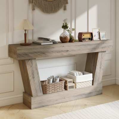 HOMCOM 63 Inch Vintage Console Table, Narrow Entryway Table with Open Shelf for Living Room, Light Brown