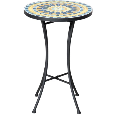 Outsunny Mosaic Patio Table, Round Coffee Table with Metal Frame, Garden Furniture for Outdoor, Poolside, Yellow