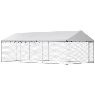 PawHut Heavy Duty Outdoor Dog Kennel with Waterproof Roof, 2 Secure Latches, Chain Link Dog Run for Backyard, 20′ x 10′ x 7′