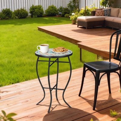 Outsunny Mosaic Patio Table, Round Coffee Table with Metal Frame, Garden Furniture for Outdoor, Poolside, Multicolor