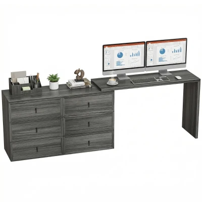 HOMCOM L Shaped Computer Desk Home Office Desk with 6 Drawers Black Wood Grain