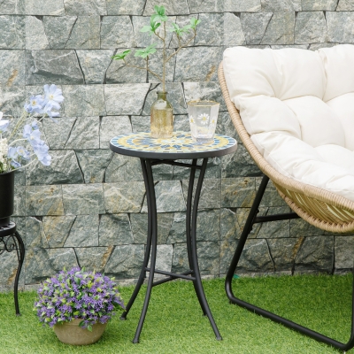 Outsunny Mosaic Patio Table, Round Coffee Table with Metal Frame, Garden Furniture for Outdoor, Poolside, Yellow