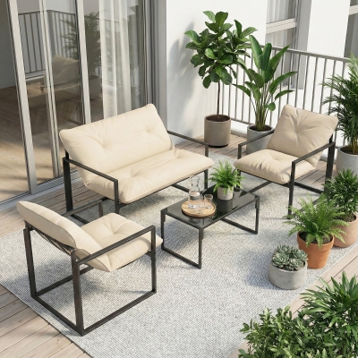Outsunny 4 Piece Outdoor Furniture Set, Patio Conversation Set with Tempered Glass Table, Loveseat, 2 Chairs and Cushions, Beige