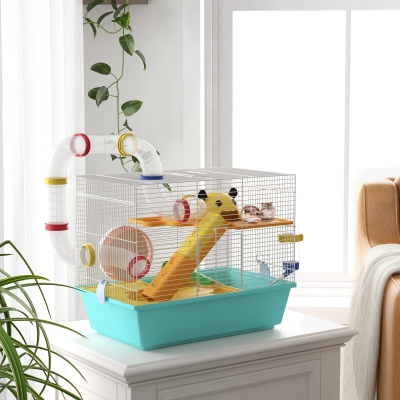 PawHut 3 Tiers Hamster Cage for Gerbil, Dwarf Hamster with Tunnels, Water Bottle, Exercise Wheel, 18" x 11" x 15" - Light Blue