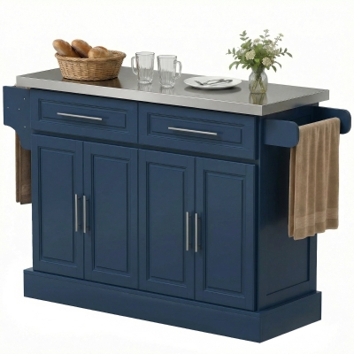 HOMCOM Rolling Kitchen Island, Stainless Steel Top, Navy Blue